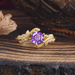 6 Prong Hexagon Cut Natural Amethyst Vine Flower Ring