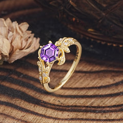 6 Prong Hexagon Cut Natural Amethyst Vine Flower Ring