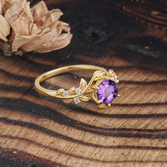 6 Prong Hexagon Cut Natural Amethyst Vine Flower Ring