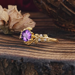 6 Prong Hexagon Cut Natural Amethyst Vine Flower Ring