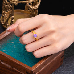 6 Prong Hexagon Cut Natural Amethyst Vine Flower Ring