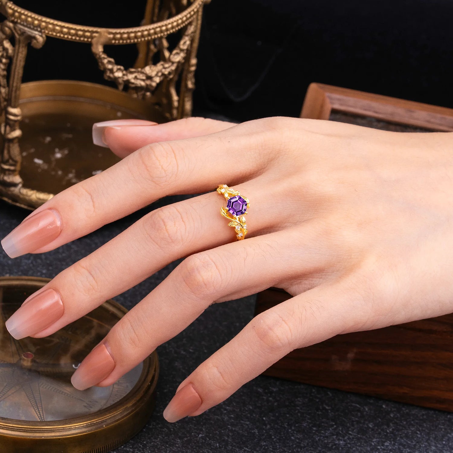 4 Prong Round Cut Amethyst Nature Inspired Leaf Engagement Ring