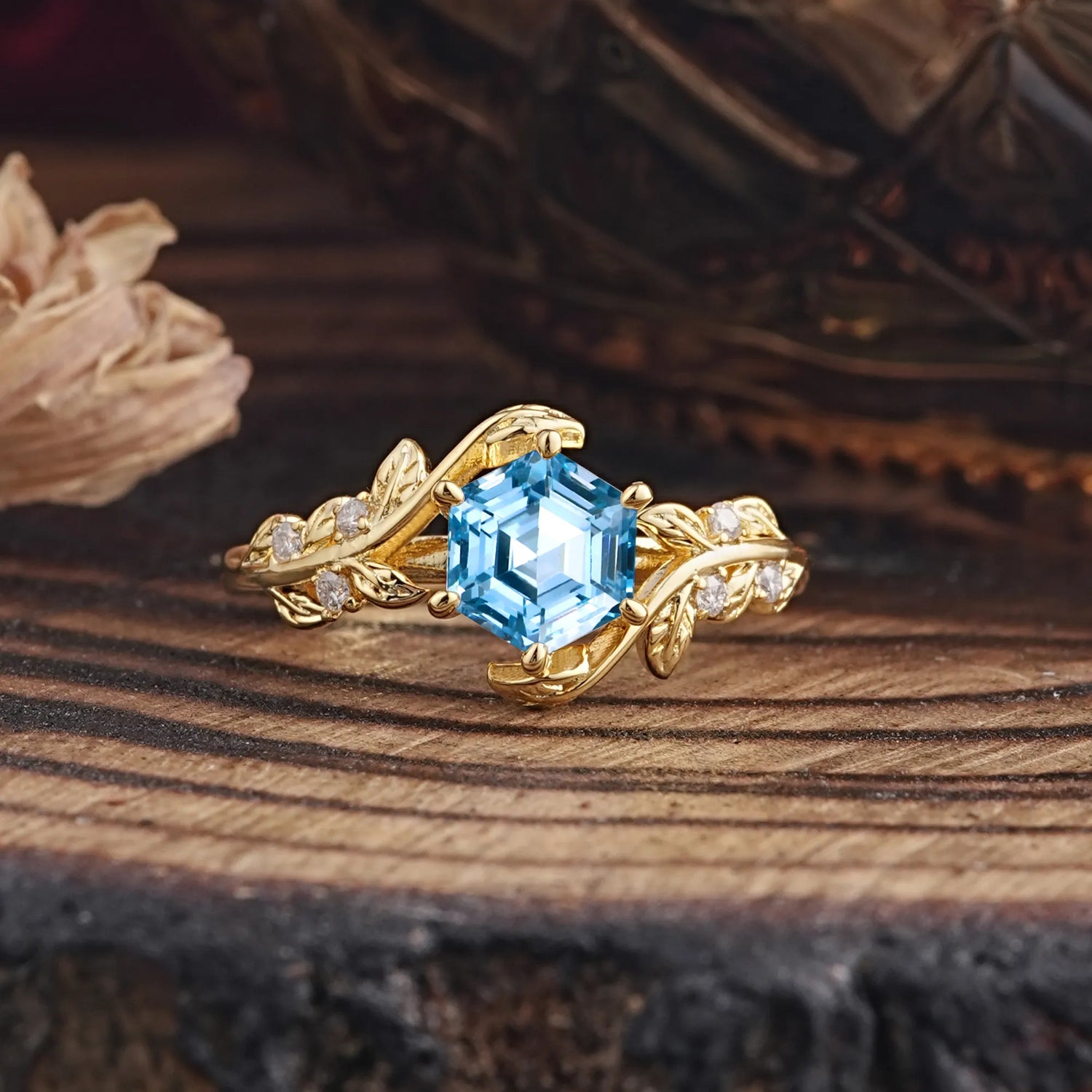 4 Prong Round Cut Aquamarine Nature Inspired Leaf Engagement Ring
