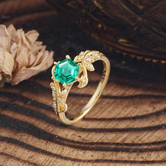 6 Prong Hexagon Cut Emerald Vine Flower Ring