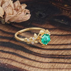 6 Prong Hexagon Cut Emerald Vine Flower Ring