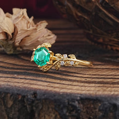 6 Prong Hexagon Cut Emerald Vine Flower Ring