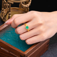 6 Prong Hexagon Cut Emerald Vine Flower Ring