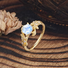 6 Prong Hexagon Cut Moonstone Vine Flower Ring