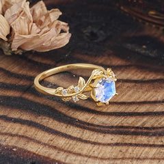 6 Prong Hexagon Cut Moonstone Vine Flower Ring