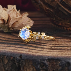 6 Prong Hexagon Cut Moonstone Vine Flower Ring
