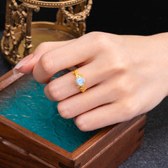 4 Prong Round Cut Moonstone Nature Inspired Leaf Engagement Ring