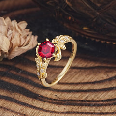 6 Prong Hexagon Cut Ruby Vine Flower Ring