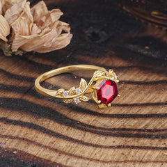 6 Prong Hexagon Cut Ruby Vine Flower Ring
