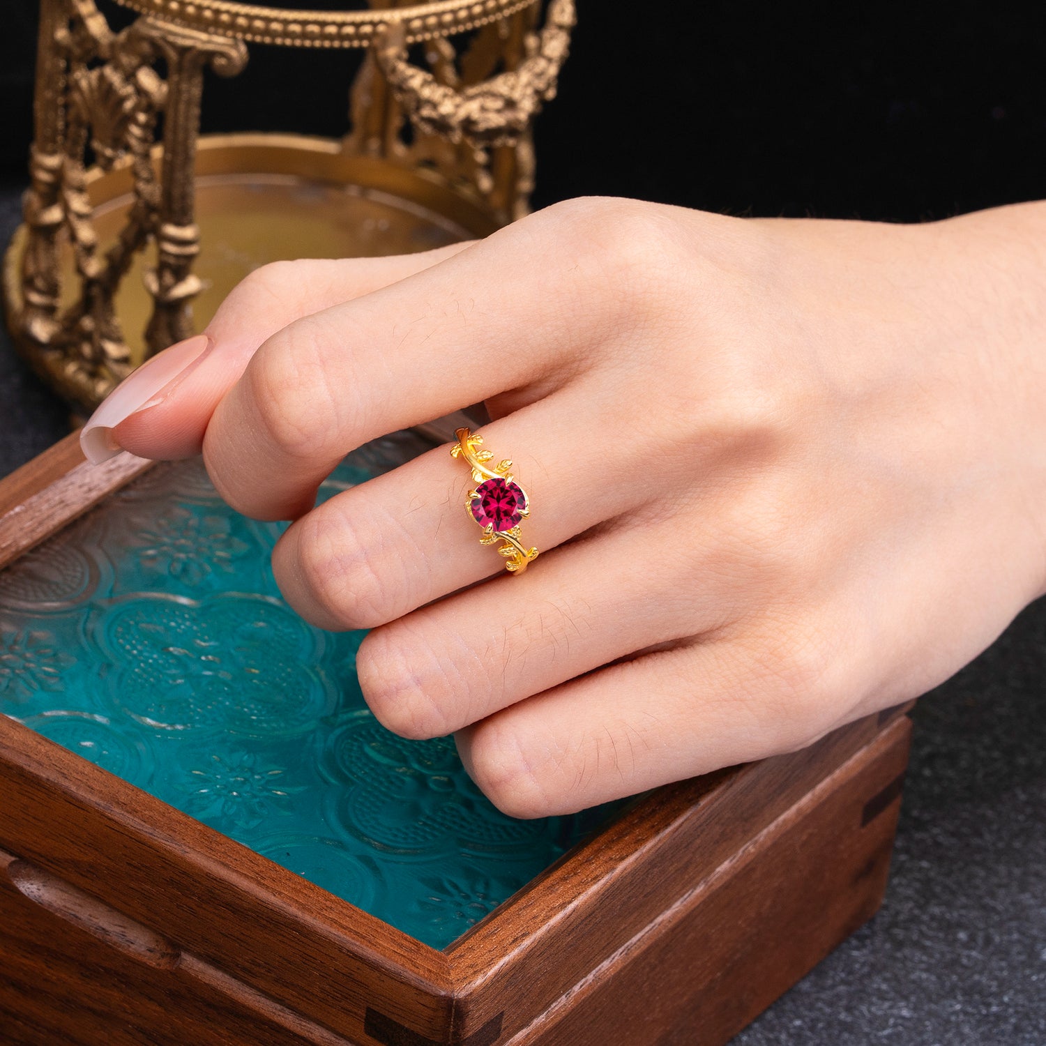 4 Prong Round Cut Ruby Nature Inspired Leaf Engagement Ring