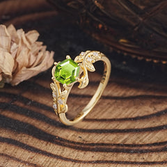 6 Prong Hexagon Cut Peridot Vine Flower Ring