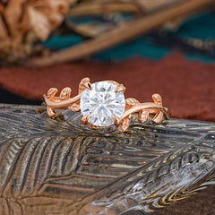 Round Cut Moissanite Nature Inspired Leaf Engagement Ring