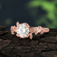 Round Cut Lab Diamond Nature Inspired Leaf Engagement Ring
