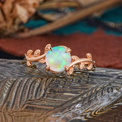4 Prong Round Cut Opal Nature Inspired Leaf Engagement Ring