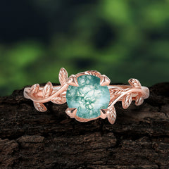 Round Cut Natural Moss Agate Nature Inspired Leaf Engagement Ring