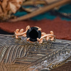 4 Prong Round Cut Black Onyx Nature Inspired Leaf Engagement Ring