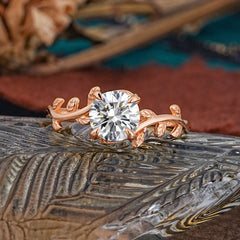 Round Cut Lab Diamond Nature Inspired Leaf Engagement Ring