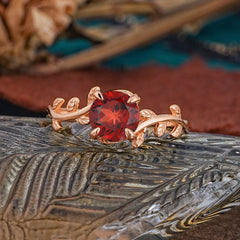 4 Prong Round Cut Garnet Nature Inspired Leaf Engagement Ring