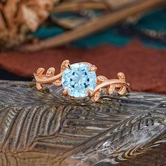 4 Prong Round Cut Aquamarine Nature Inspired Leaf Engagement Ring