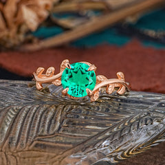4 Prong Round Cut Emerald Nature Inspired Leaf Engagement Ring