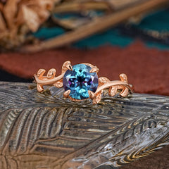 4 Prong Round Cut Alexandrite Nature Inspired Leaf Engagement Ring
