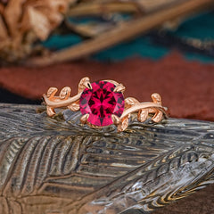 4 Prong Round Cut Ruby Nature Inspired Leaf Engagement Ring