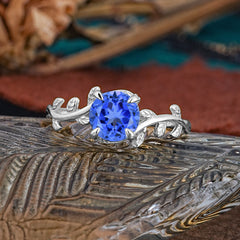 4 Prong Round Cut Sapphire Nature Inspired Leaf Engagement Ring