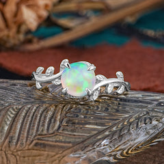 4 Prong Round Cut Opal Nature Inspired Leaf Engagement Ring