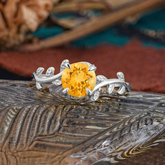 4 Prong Round Cut Citrine Nature Inspired Leaf Engagement Ring