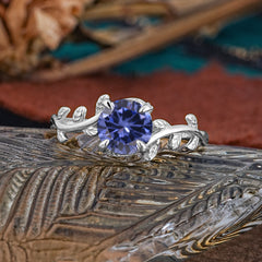4 Prong Round Cut Tanzanite Nature Inspired Leaf Engagement Ring