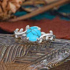 4 Prong Round Cut Turquoise Nature Inspired Leaf Engagement Ring