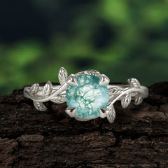 Round Cut Natural Moss Agate Nature Inspired Leaf Engagement Ring