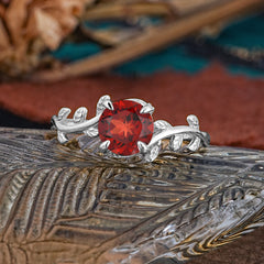 4 Prong Round Cut Garnet Nature Inspired Leaf Engagement Ring