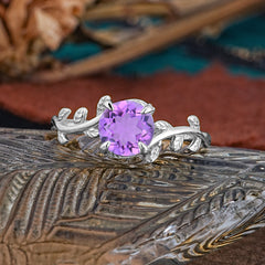4 Prong Round Cut Amethyst Nature Inspired Leaf Engagement Ring