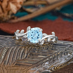 4 Prong Round Cut Aquamarine Nature Inspired Leaf Engagement Ring