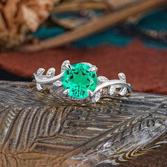 4 Prong Round Cut Emerald Nature Inspired Leaf Engagement Ring
