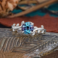 4 Prong Round Cut Alexandrite Nature Inspired Leaf Engagement Ring