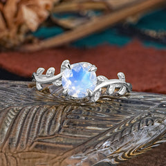 4 Prong Round Cut Moonstone Nature Inspired Leaf Engagement Ring