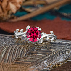 4 Prong Round Cut Ruby Nature Inspired Leaf Engagement Ring