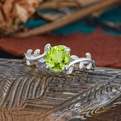 4 Prong Round Cut Peridot Nature Inspired Leaf Engagement Ring