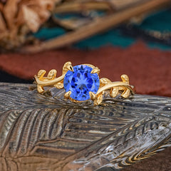 4 Prong Round Cut Sapphire Nature Inspired Leaf Engagement Ring