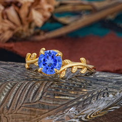 4 Prong Round Cut Sapphire Nature Inspired Leaf Engagement Ring