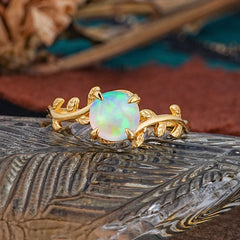 4 Prong Round Cut Opal Nature Inspired Leaf Engagement Ring