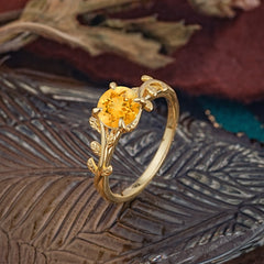 4 Prong Round Cut Citrine Nature Inspired Leaf Engagement Ring