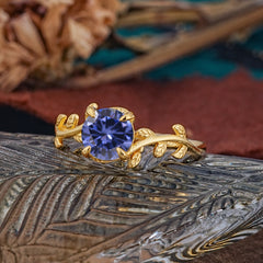 4 Prong Round Cut Tanzanite Nature Inspired Leaf Engagement Ring
