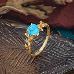4 Prong Round Cut Turquoise Nature Inspired Leaf Engagement Ring